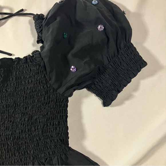 Hill House Jammie Jewel Crystal Stone Embellished Smocked Puff Sleeve Black Top - Picture 8 of 9